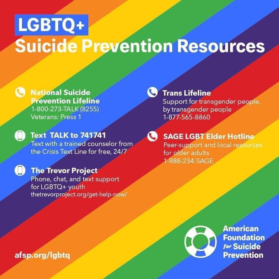 LBGTQ+ Suicide Help Lines from the American Foundation for Suicide Prevention